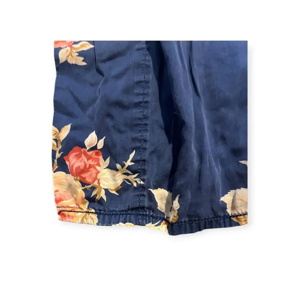 Vtg Ralph Lauren Winslow Full Flat Sateen Sheet Navy Blue With Roses Floral